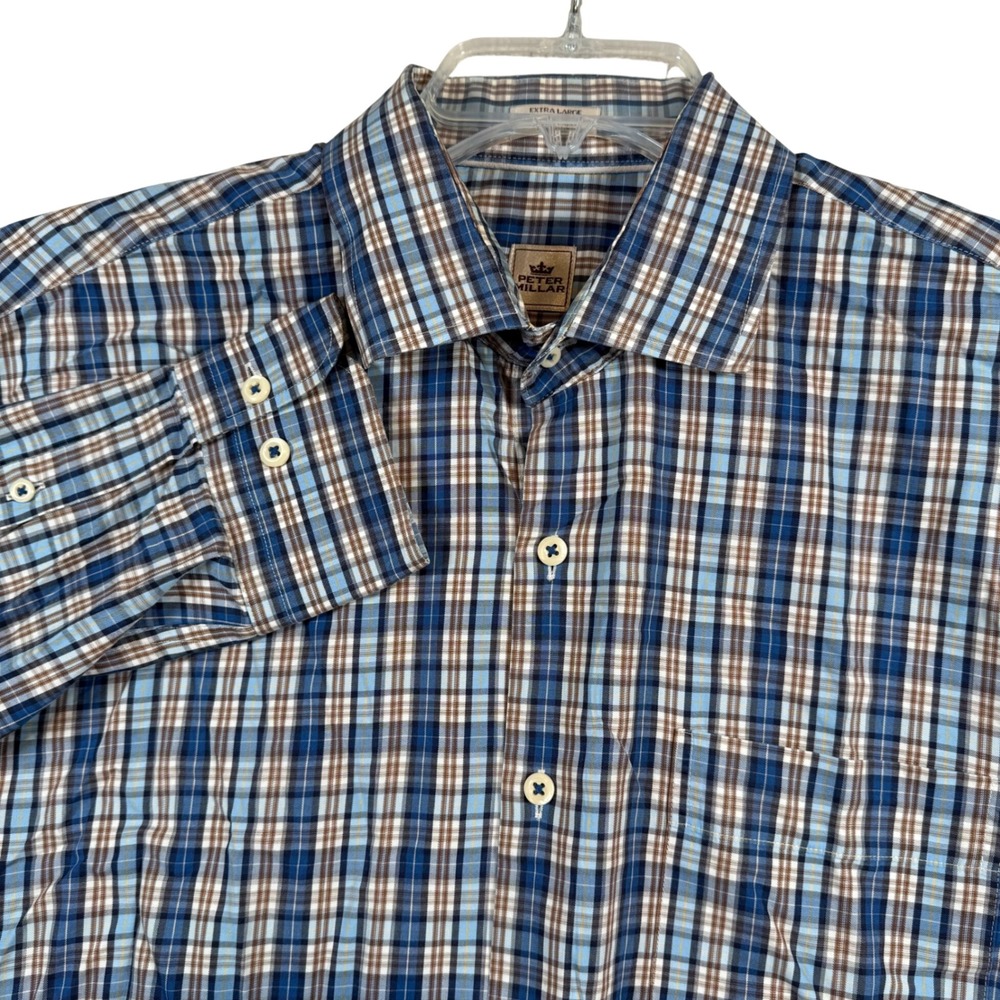 Peter Millar Mens XL Blue Brown Plaid 100% Cotton Long Sleeve Button Down Shirt